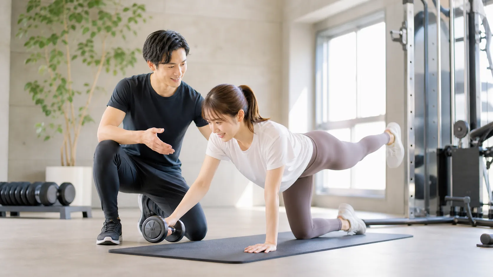 明るいパーソナルジムでトレーナーの指導を受けながらトレーニングする様子