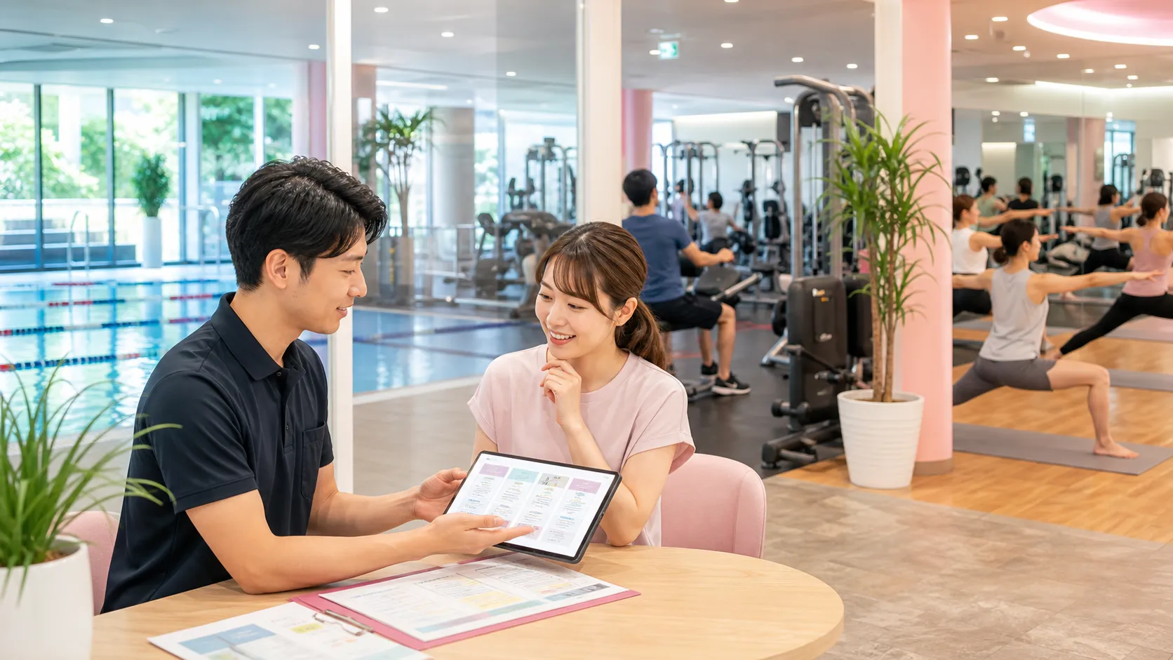 プールやスタジオを備えた明るいスポーツクラブでスタッフに相談している様子